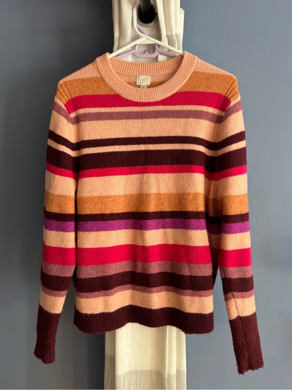 a new day Striped Crewneck Sweater in Peach, Burgundy & Fuchsia
